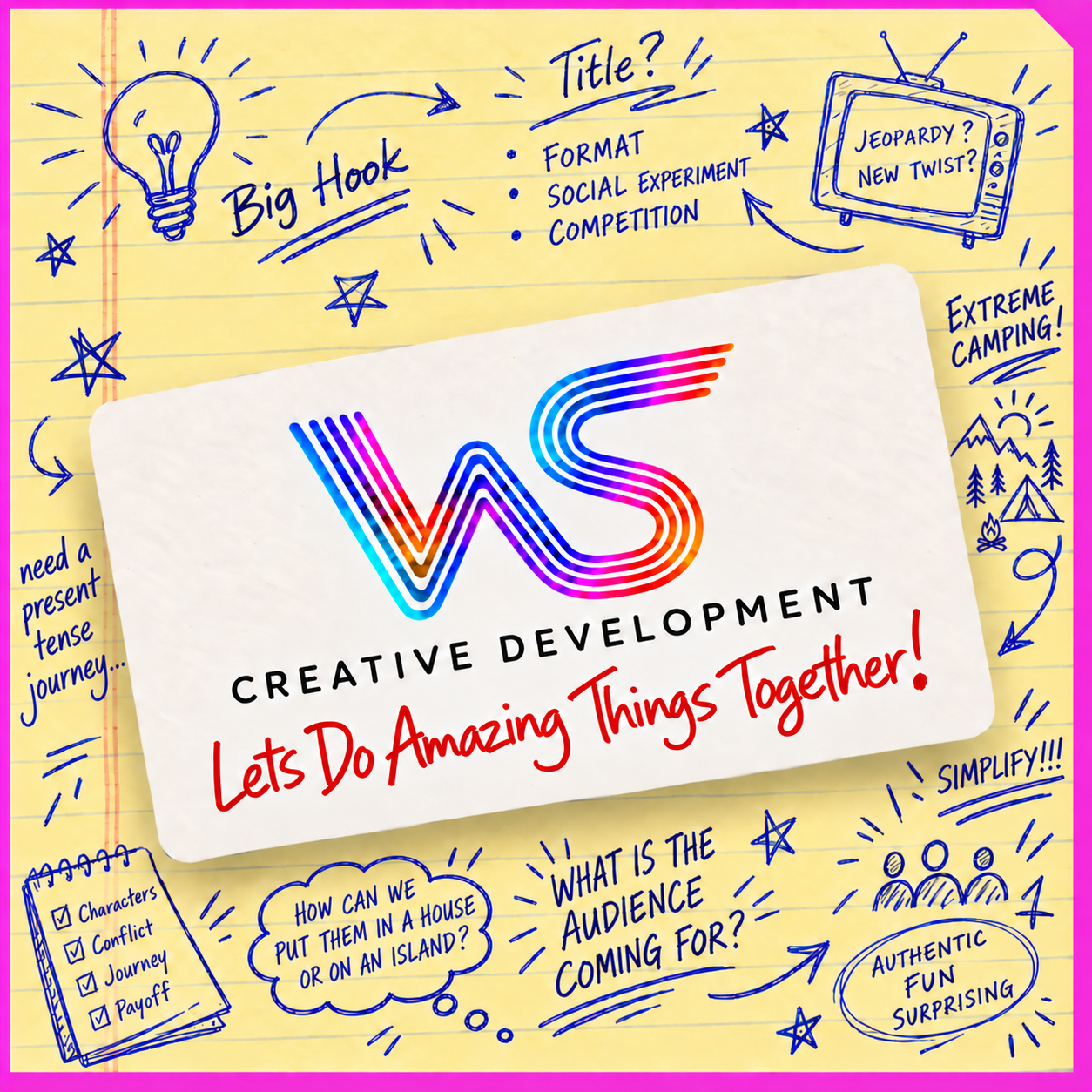 Creative development brainstorm board on yellow legal paper with doodles and Will Stanbridge business card